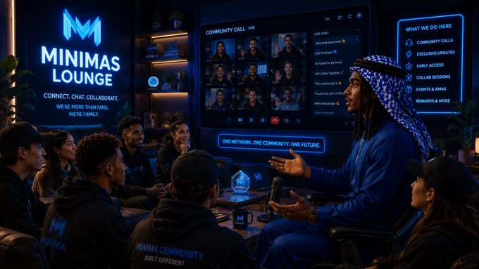 A community gathering is shown at 'MINIMAS LOUNGE' where attendees wearing 'MINIMA COMMUNITY' hoodies converse near a screen displaying a 'COMMUNITY CALL' and a panel listing features like 'COLLAB SESSIONS' and 'REWARDS'.