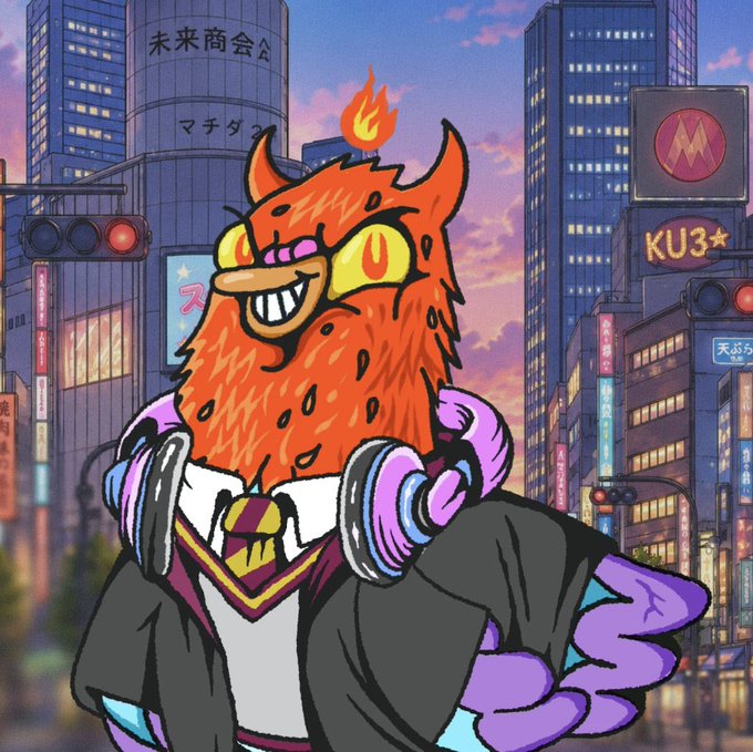 An anime-style illustration of a fiery orange demonic character with yellow eyes and a flame on its head, wearing a black jacket with a spider emblem, set against a neon-lit cityscape at sunset. Visible Japanese signage includes "未来商会" and "マチダ," along with a billboard reading "KU3★."