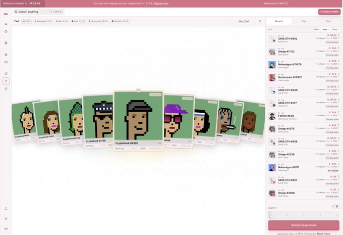 A screenshot of the Pink VPS marketplace interface showing a carousel of pixel-art avatar cards including "CryptoPunk #9590" priced at #42, with a sidebar listing various crypto wallets (Sheep #11112, Nakamigos #75679, Hashmasks #83972, SAVE ETH #629, etc.) alongside their purchase history and prices, reflecting the platform's update to v2 for trading/migrating assets between VPS networks.