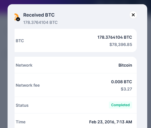A screenshot of a cryptocurrency transaction receipt showing "Received BTC" of 178.3764104 BTC (worth $78,396.85) on the Bitcoin network, with a network fee of 0.008 BTC ($3.27), marked as Completed on Feb 23, 2016, at 7:13 AM. The image illustrates the poster's early Bitcoin accumulation efforts during their first 3-4 years of buying, highlighting the modest transaction size and value at the time compared to later appreciation.
