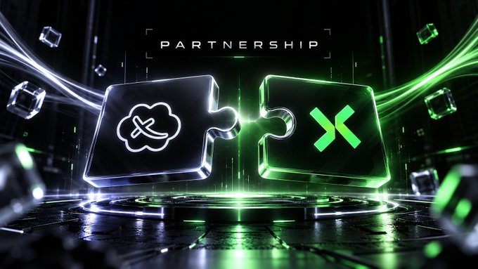 A stylized 3D digital graphic showing two glowing puzzle pieces connecting, one displaying a cloud/X logo and the other a green X symbol, with the word "PARTNERSHIP" above against a dark, futuristic background.