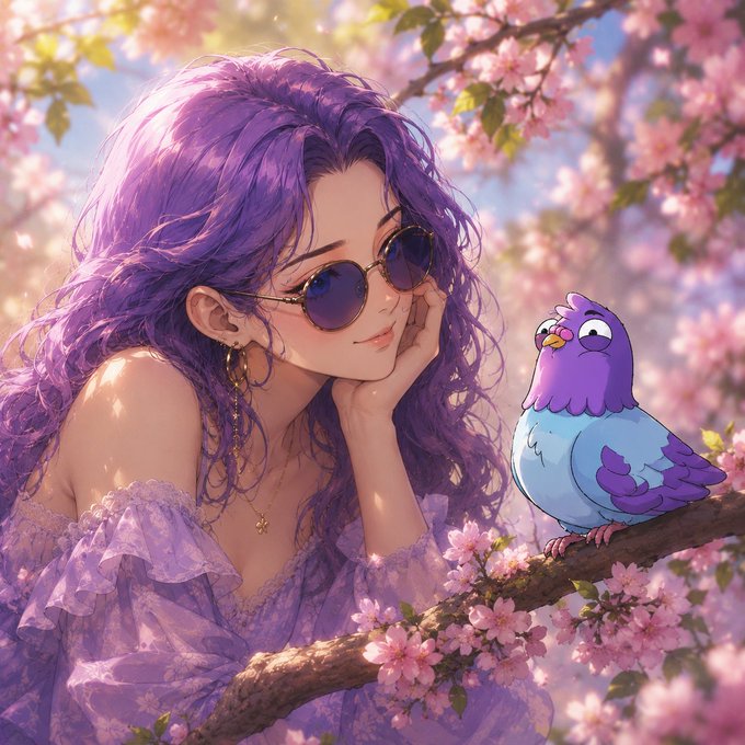 The image features a woman with purple hair wearing sunglasses, holding a bird perched on her shoulder. The background of the image includes pink flowers and trees, creating an overall impression of a beautiful garden or park setting. The caption for the image reads "Pix giving away 1 GTD WL for Rally Follow me + @RallyOnChain Like this post Drop your EVM wallet Join and participate in this campaign: app.rally.fun/campaigns/0xA6 ... Winners in 48h".
