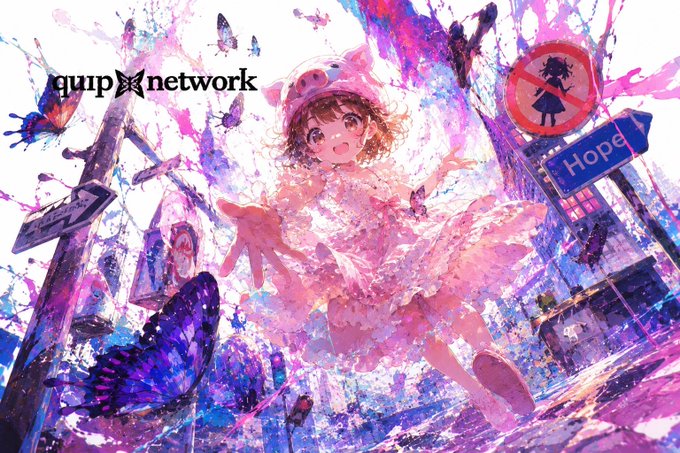The image features a girl with a pink dress, surrounded by various butterflies and other colorful elements. The background of the image includes signs for "quip network" and "hopeful", as well as a stop sign. The girl appears to be dancing in front of these signs, creating an artistic and whimsical scene that captures attention.