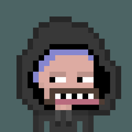 A pixel art portrait of a hooded character with a beard, half-closed eyes, and purple highlights in dark hair against a teal background.