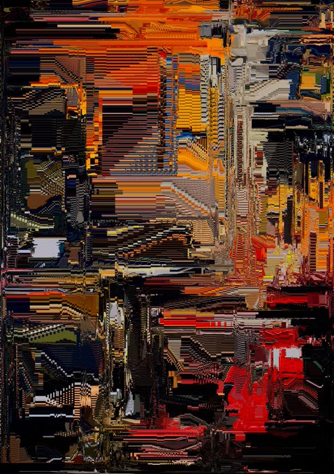 An abstract digital artwork composed of fragmented, glitch-like rectangular blocks in warm orange, yellow, and red tones mixed with dark and neutral colors.