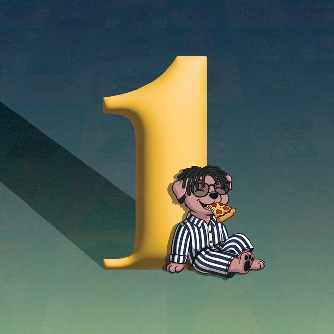 The image features a cartoon character wearing pajamas with striped sleeves and holding a slice of pizza, sitting next to a large yellow number one. The caption below the image reads "30 GTD freemint spots giveaway Exactly 1 day before our mint day Drop your evm wallet address Wallets on our mint site are now updated If we liked your wallet address, you'r guaranteed to mint for free Mint date & time = May 28th 3:16PM UTC". The main focus of the image is the cartoon character and its pizza slice.