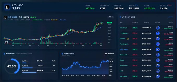 A cryptocurrency dashboard displaying LIT-USDC trading pair at 3.873 (+3.31%), with a candlestick chart, top 10 holder accounts, and large transactions sections.