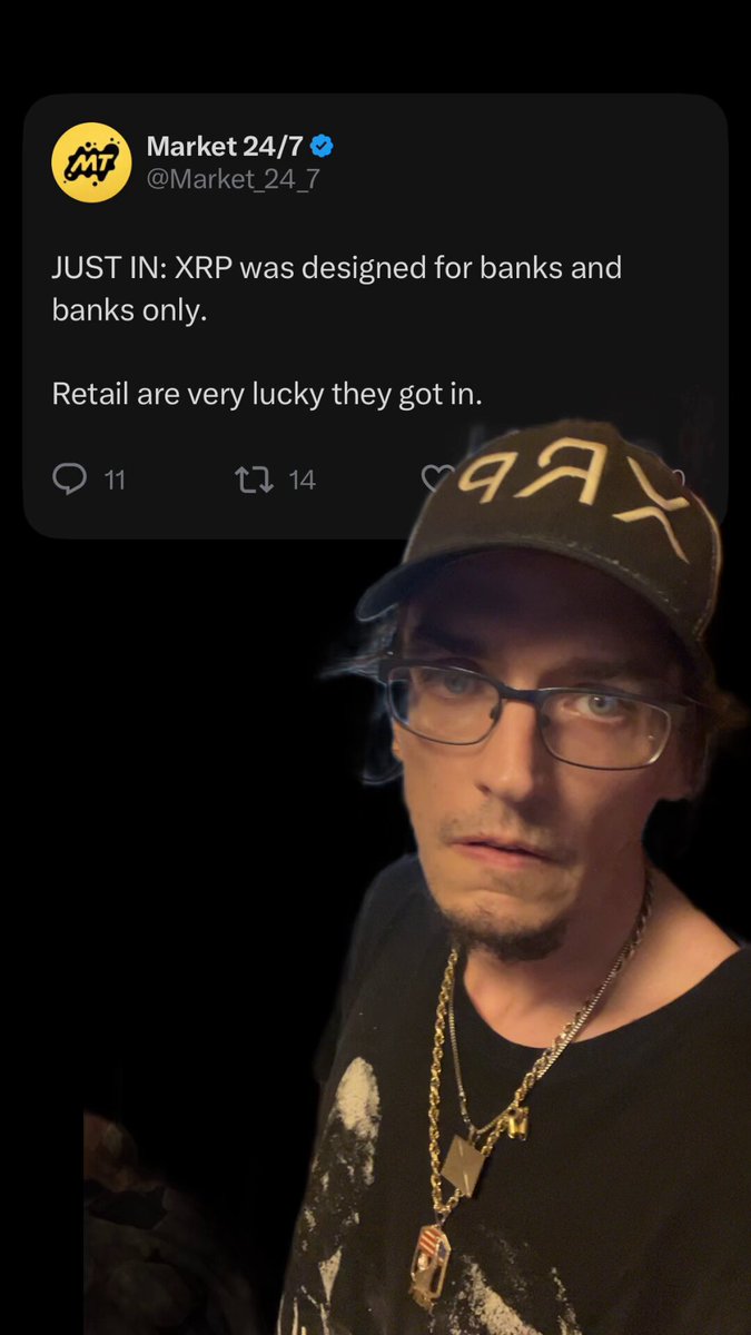The image features a man wearing glasses, a black shirt with white text, and a gold chain necklace. He has a Twitter account that includes a post about XRP. The caption of his post reads "Just In XRP was designed for banks and only. Retail are very lucky they got in".