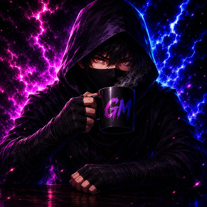 An anime-style digital illustration of a hooded, masked figure with red eyes holding a steaming black mug with 'GM' written on it, set against a background of pink and blue lightning.