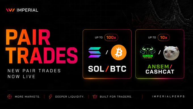 Imperial exchange promotional banner announcing 'PAIR TRADES' now live, featuring SOL/BTC with up to 100x leverage and ANSEM/CASHCAT with up to 10x leverage.