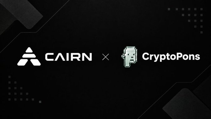 A promotional graphic with a black background displays the logos "CAIRN" and "CryptoPons" separated by an 'x' symbol.