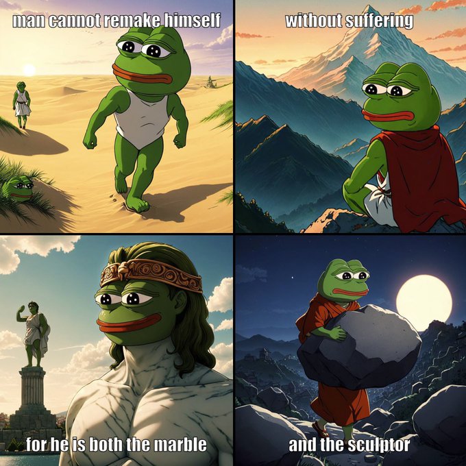 A four-panel meme featuring Pepe the Frog in a classical artistic style, quoting the saying 'man cannot remake himself without suffering, for he is both the marble and the sculptor.'