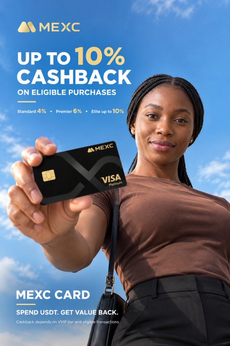 Promotional poster for the MEXC CARD offering 'UP TO 10% CASHBACK,' showing a woman holding a black Visa Platinum MEXC card against a blue sky.