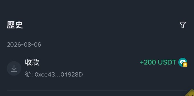 A transaction history screen showing a receipt of +200 USDT received on 2026-08-06 from the wallet address 0xce43...01928D.