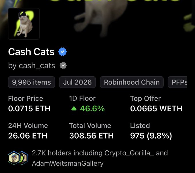 The image shows a NFT collection page for "Cash Cats" on Robinhood Chain, featuring a floor price of 0.0715 ETH (up 46.6% in 24h) with 9,995 items and 2.7K holders. The post highlights the collection's dramatic price appreciation, referencing how these NFTs were just 0.018 ETH the previous week, reinforcing the message that investing in Cash Cats yields returns.