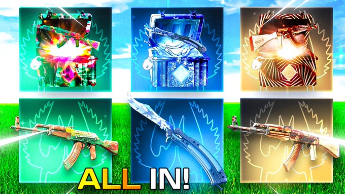 A Fortnite-style promotional image showing six glowing legendary weapons and chests, including chests and assault rifles/shotguns in various colors, with the text 'ALL IN!' displayed at the bottom.
