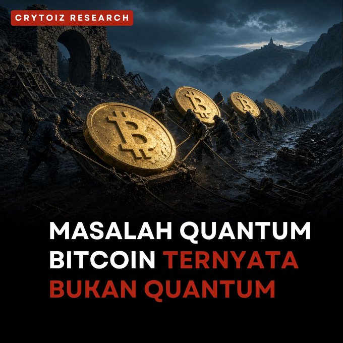 A dramatic digital artwork by 'CRYPTOIZ RESEARCH' depicting figures pulling giant golden Bitcoin coins across a dark, rocky landscape, with the Indonesian text 'MASALAH QUANTUM BITCOIN TERNYATA BUKAN QUANTUM' (The Bitcoin Quantum Problem Turns Out Not To Be Quantum).