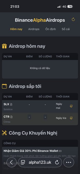 iphone screen displaying a list of transactions, including "Binance Alpha Airdrops" and "Airdrop hôm nay", with text in Vietnamese and English.