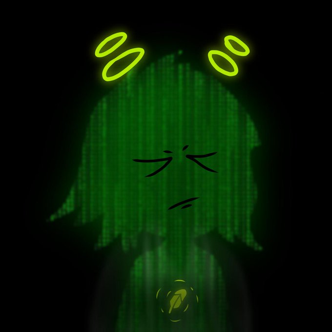 A pixelated green ghost-like figure with glowing neon yellow eyes and a small emblem on its chest appears in the image, conveying a glitchy, digital aesthetic that complements the "FCFS (First Come First Served) mint now live" message about an NFT collection drop on OpenSea.