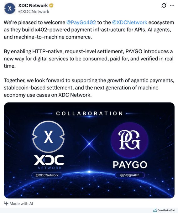 The image features a post from the XDC network, announcing a partnership between PayGo and XDC. The post includes an image of two logos - one for PayGo and another for XDC. It also contains text that announces the collaboration between these two companies on a specific date in June.