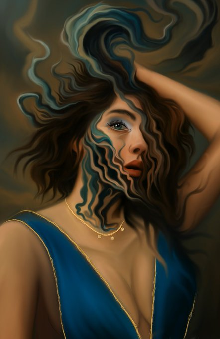 A stylized digital painting portrait of a woman with flowing, wavy dark hair that blends into the background, wearing a blue dress with gold trim and delicate gold necklaces.
