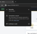 A web browser displays a security warning from uMint that 'Connection is secure' and 'Certificate is valid'.