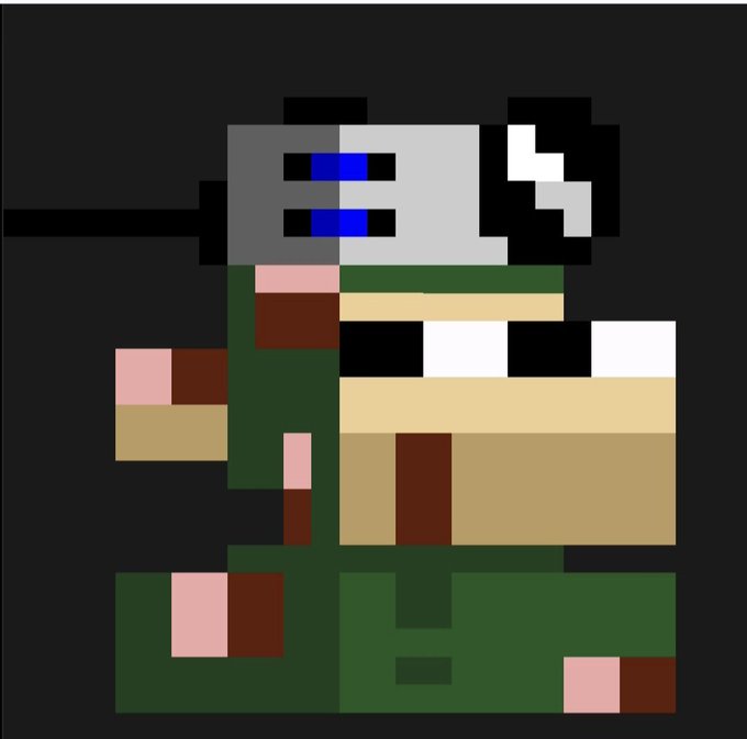 A pixel art character resembling a soldier or mascot with a helmet featuring blue and white eyes, wearing a green military-style outfit with a backpack.