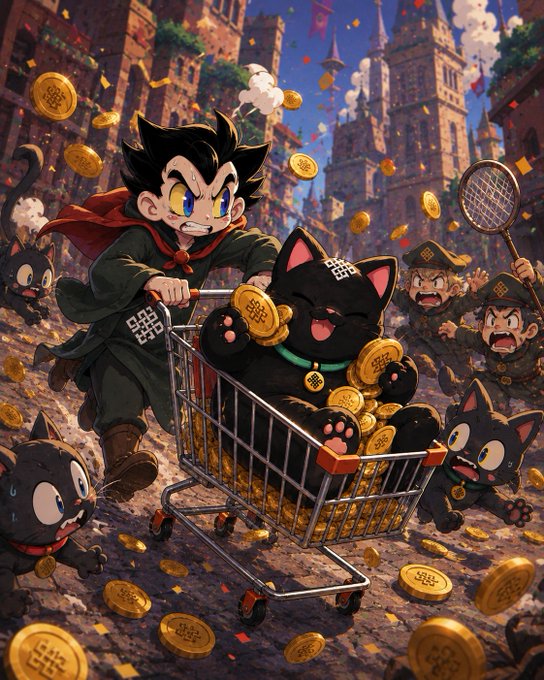 An anime-style illustration shows a spiky-haired character pushing a shopping cart filled with gold coins while pursued by soldiers and black cats in a medieval town.