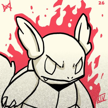 A stylized black-and-white illustration of a fanged rabbit-like creature with an aggressive expression stands against red flame graphics and a halftone dot background, signed by the artist.
