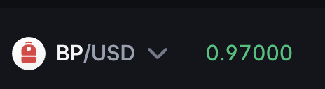 A minimal dark-themed widget displays the BP/USD currency pair at a rate of 0.97000, suggesting the British pound trading at $0.97 against the US dollar. This image complements the post's joke by anchoring BP at a tangible exchange rate, making the play on BP's price ($1 vs. $10) even more pointed and amusing.