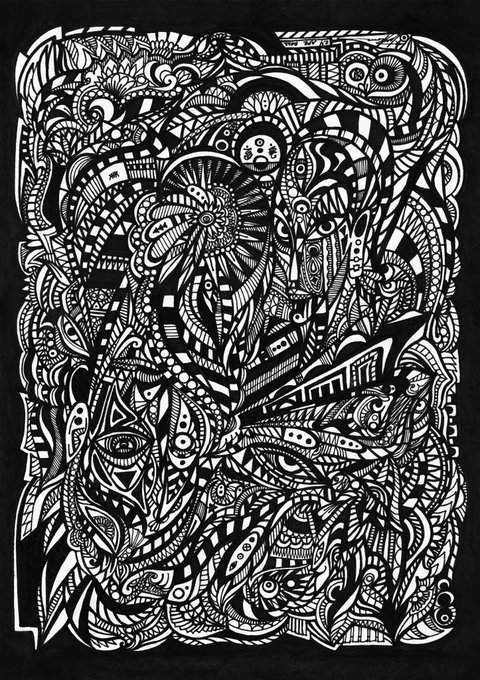 An intricate black and white doodle illustration filled with densely packed patterns, eyes, flowers, and abstract shapes on a dark background.