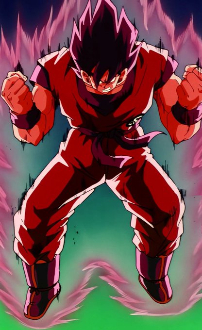 An anime character with spiky black hair powers up in a red gi, surrounded by a pink and purple aura against a dark background.