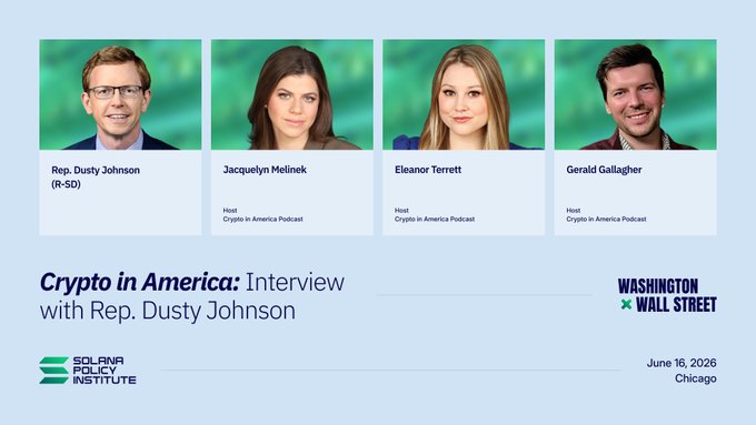 The image features four people sitting down together, with their names displayed above them. The text "LIVE from Chicago" indicates that this is a live stream of an event taking place at the Crypt In America summit held in Chicago. The event's title is "Crypto In America", and it was scheduled for June 16th. The image also includes a link to the event, which can be found below the four individuals' names.