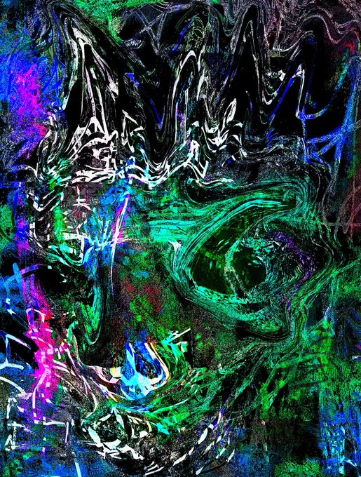 An abstract, digitally distorted image featuring swirling, chaotic patterns of green, blue, purple, and white with a glitch-like aesthetic.