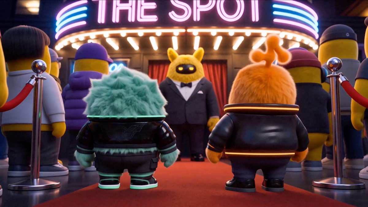 A red carpet leads to a venue labeled "THE SPOT" in glowing neon, where a doorman in a tuxedo and yellow mask greets two furry characters in trendy streetwear, visually capturing the celebratory launch of Spot on DecibelTrade as a unified onchain trading hub on Aptos.