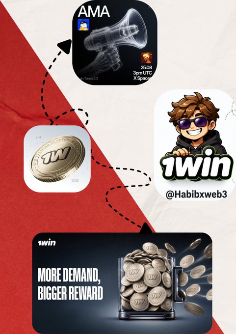 Promotional graphic for an upcoming 1win Token AMA on X Space (Aug 25, 3 PM UTC), featuring the 1win logo, a token 2.0 coin, and a banner reading "MORE DEMAND, BIGGER REWARD" to emphasize oversubscription and real demand.