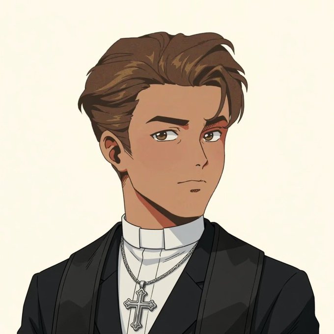 Anime-style illustration of a young man with brown hair wearing a black suit and a cross necklace.