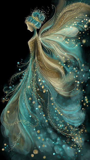 A digital illustration of an elegant fairy-like figure in a flowing turquoise and gold gown with translucent wings, surrounded by glowing sparkles against a black background.