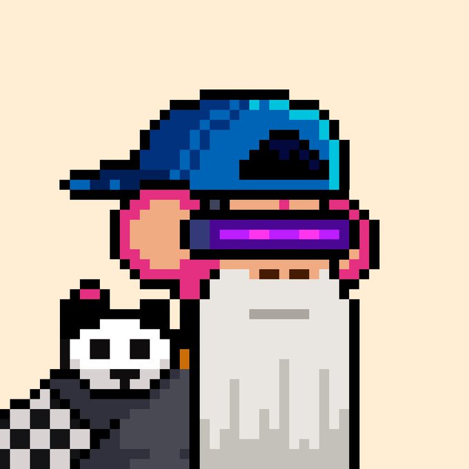Pixel art illustration of a character wearing a blue cap and pink/magenta headphones with a visor, standing next to a small white panda-like creature against a beige background.