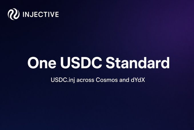 A promotional graphic for Injective announcing the 'One USDC Standard' with USDC.inj across Cosmos and dYdX, set against a dark purple background.