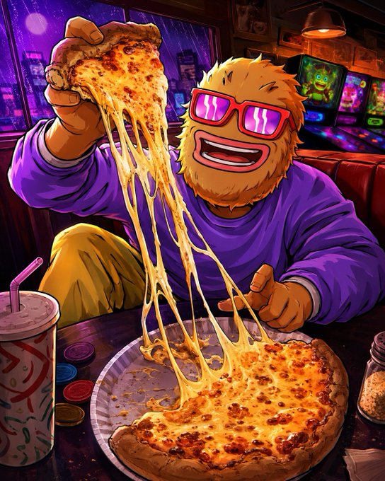 A vibrant digital illustration of a furry orange character wearing pink shutter shades and a purple shirt, enthusiastically pulling a cheesy slice from a large pizza in a neon-lit arcade setting.