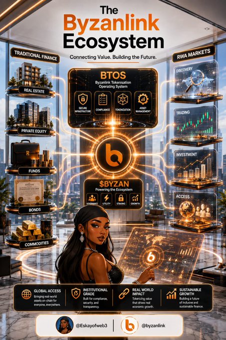 An infographic titled "The Byzanlink Ecosystem" showcasing BTOS (Byzanlink Tokenization Operating System) and $BYZAN, connecting traditional finance with RWA markets, credited to @Eskayofweb3 and @byzanlink.