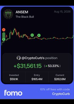 The image shows a Fomo platform screenshot displaying "@CryptoCurb's position" on the token $ANSEM ("The Black Bull") with a gain of +$31,561.15 (53.33%) on a $59.1K investment, entry at $165.4M market cap, and current valuation at $262.6M as of August 15, 2026. The chart visualizes CryptoCurb's profitable early bullish position on ANSEM, aligning with the post's enthusiasm about it being their largest non-major holding with a $250K investment starting from a $10M market cap.