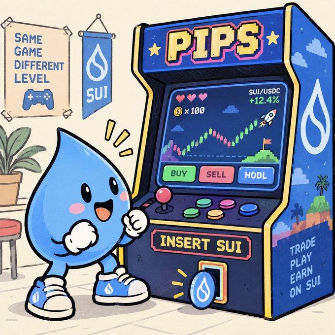 A cartoon water drop mascot stands next to an arcade machine labeled 'PIPS' displaying crypto trading buttons ('BUY', 'SELL', 'HODL') and a 'SUI/USDC +12.4%' chart, with posters reading 'SAME GAME DIFFERENT LEVEL' and 'TRADE PLAY EARN ON SUI'.