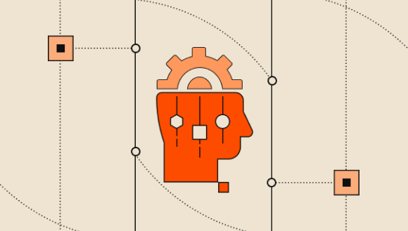 An orange graphic of a human head profile with a gear inside and circuit-like nodes connected to it, symbolizing technology and the mind.