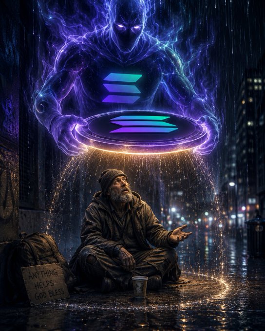 A glowing purple and blue ethereal figure hovers above a homeless man sitting on a rainy street with a sign reading 'Anything Helps God Bless' and a Solana (SOL) logo glowing between them.
