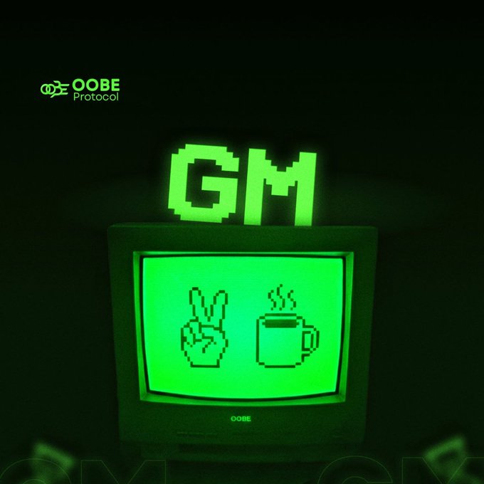 A digital graphic with a glowing green retro computer monitor displaying pixel art of a peace sign hand and a steaming coffee cup, with "OOBE Protocol" in the top left and "GM" (Good Morning) above the monitor.