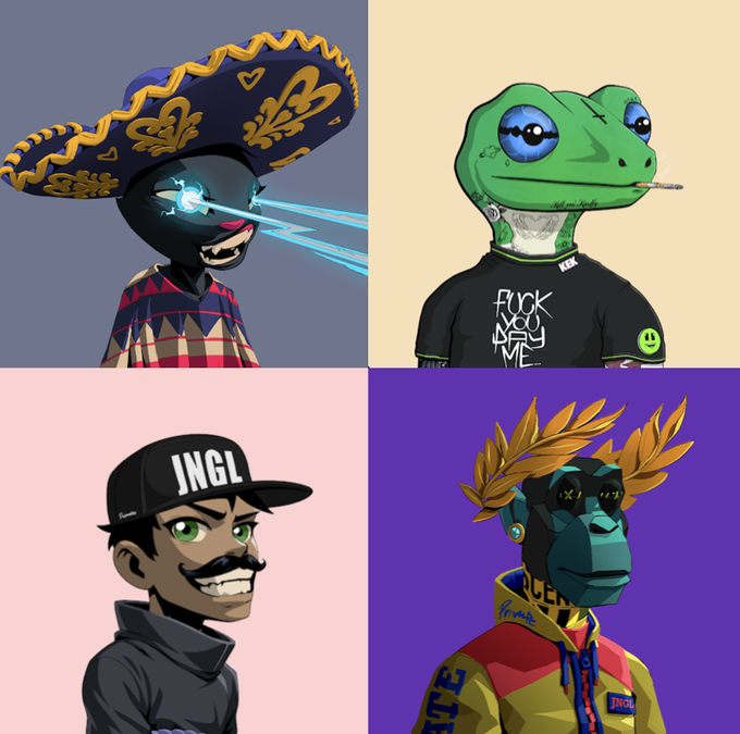 A four-panel illustration featuring NFT-style cartoon characters: a masked figure in a sombrero with laser eyes, a smoking Pepe the Frog wearing a 'FUCK YOU PAY ME' shirt, a character wearing a 'JNGL' cap, and a monkey with a laurel wreath and 'X' eyes wearing a red jacket.