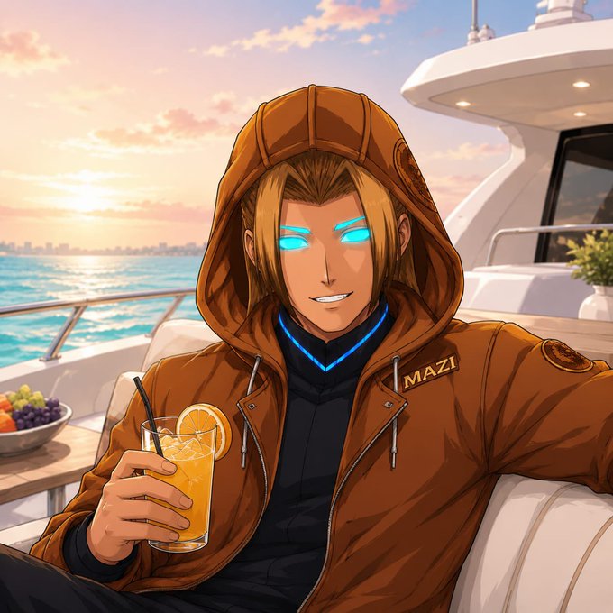 An anime-style illustration of a blonde man with glowing blue eyes wearing a brown hooded jacket with 'MAZI' text, holding a glass of orange juice on a yacht at sunset.