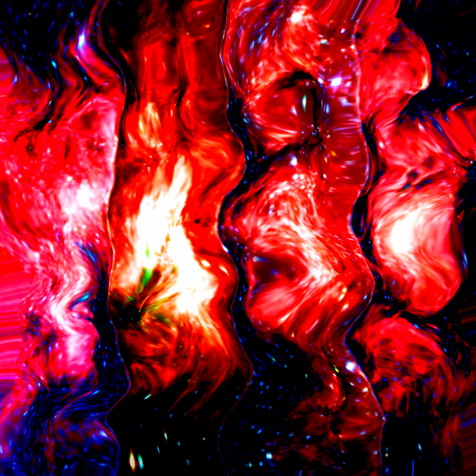 A vibrant abstract image resembling swirling red liquid, blood cells, or organic matter with bright highlights against deep blue and black shadows.